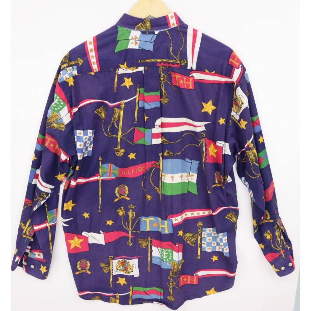 Vintage 90s Tommy Hilfiger Shirt Mens Medium All Over Flag Print Long Sleeve - Picture 7 of 8